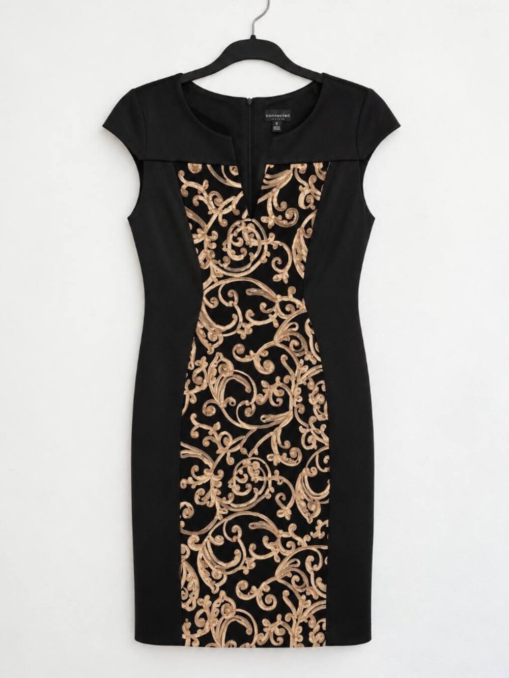 Connected Apparel Black & Gold Scroll Print Sheath Dress Size 12 NWT